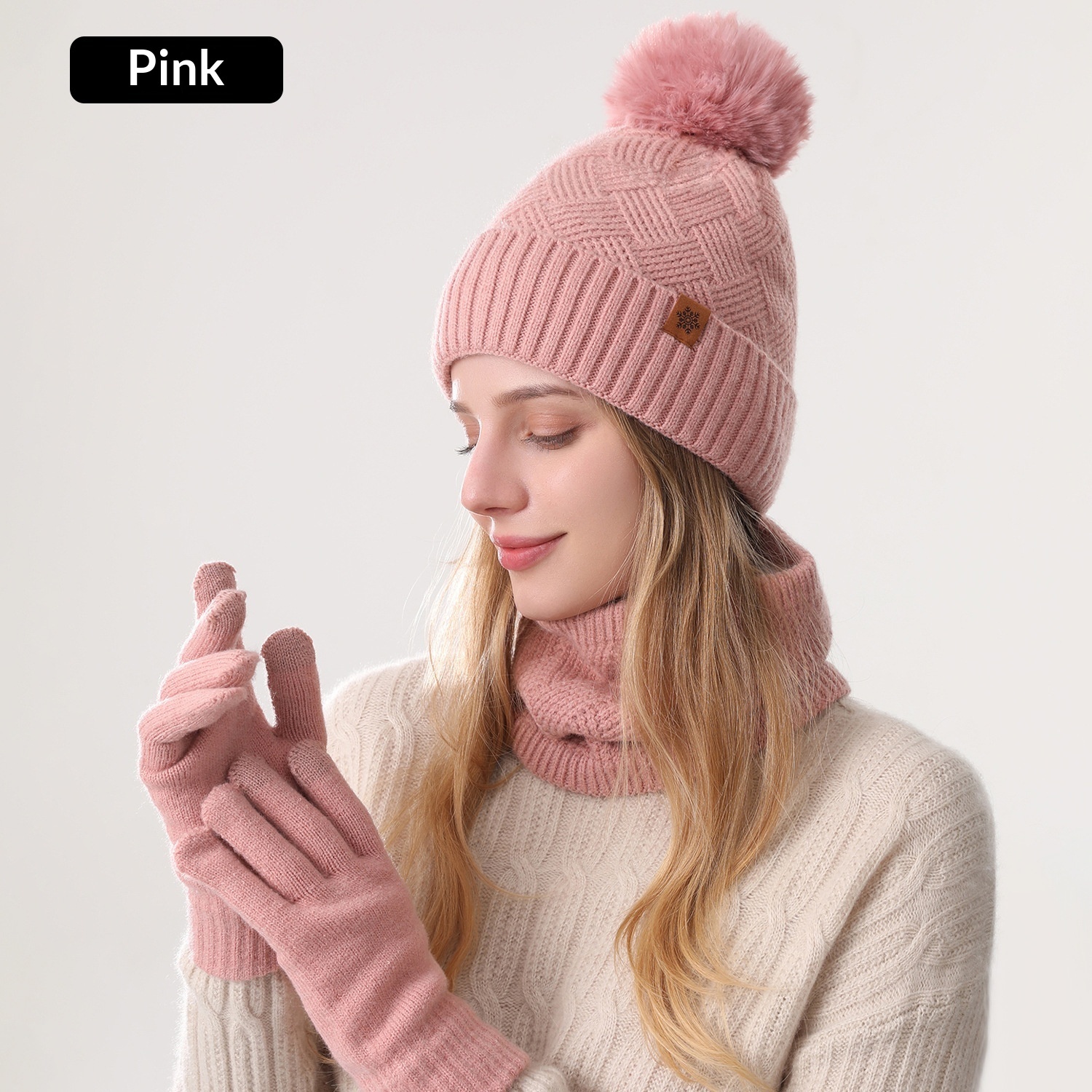 Ladies' Knitted Outdoor Warm Knitted Hat Scarf And Gloves Three-Piece Set - Image 9