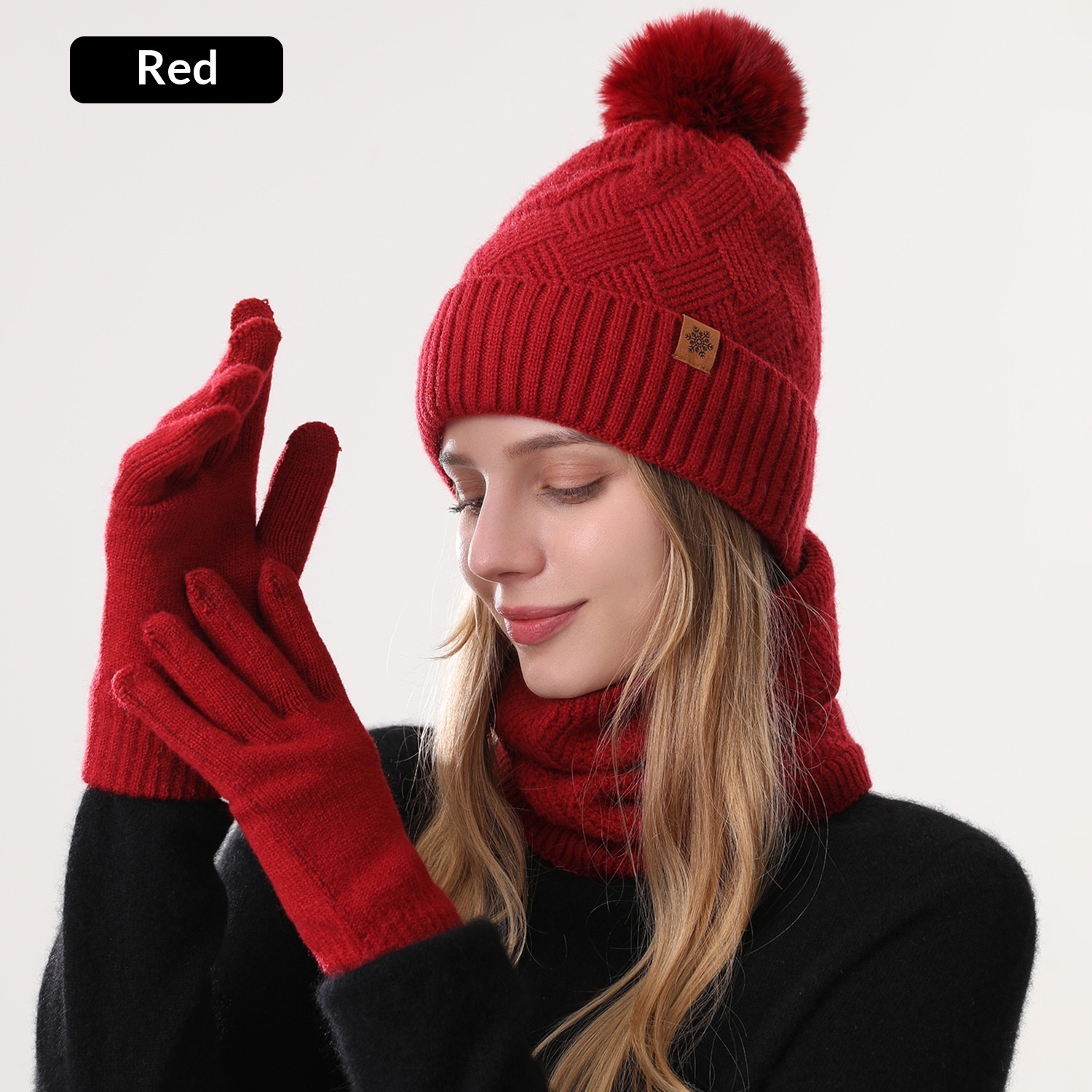 Ladies' Knitted Outdoor Warm Knitted Hat Scarf And Gloves Three-Piece Set - Image 10