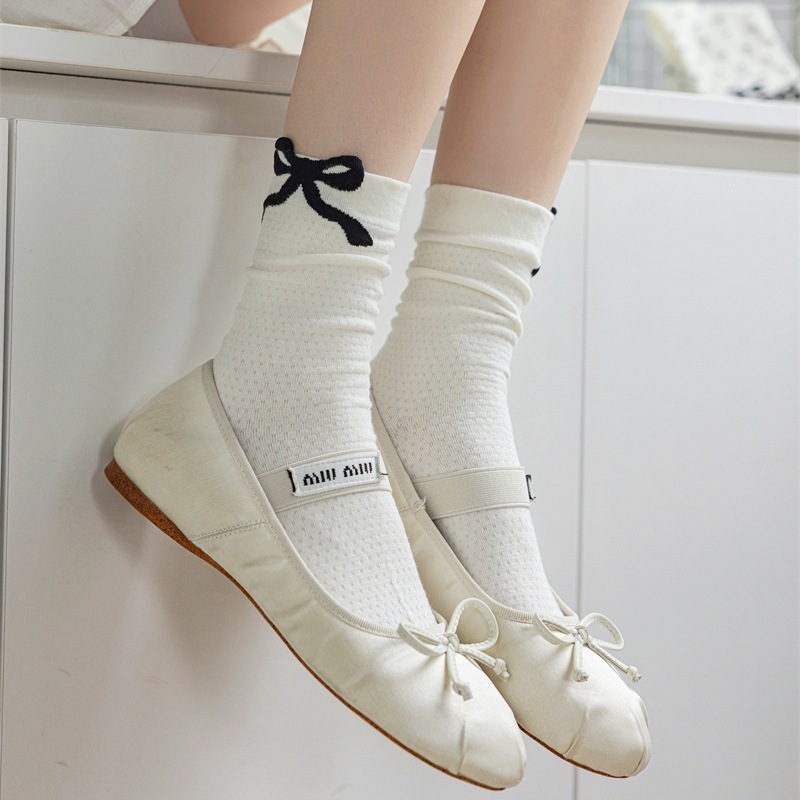 Three-dimensional Curling Polka Dot Bow Female Ballet Style Pure Cotton Mid-calf Length Socks - Image 4