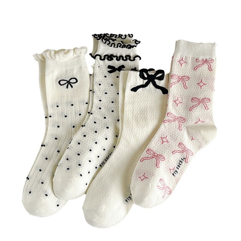 Three-dimensional Curling Polka Dot Bow Female Ballet Style Pure Cotton Mid-calf Length Socks - Image 5