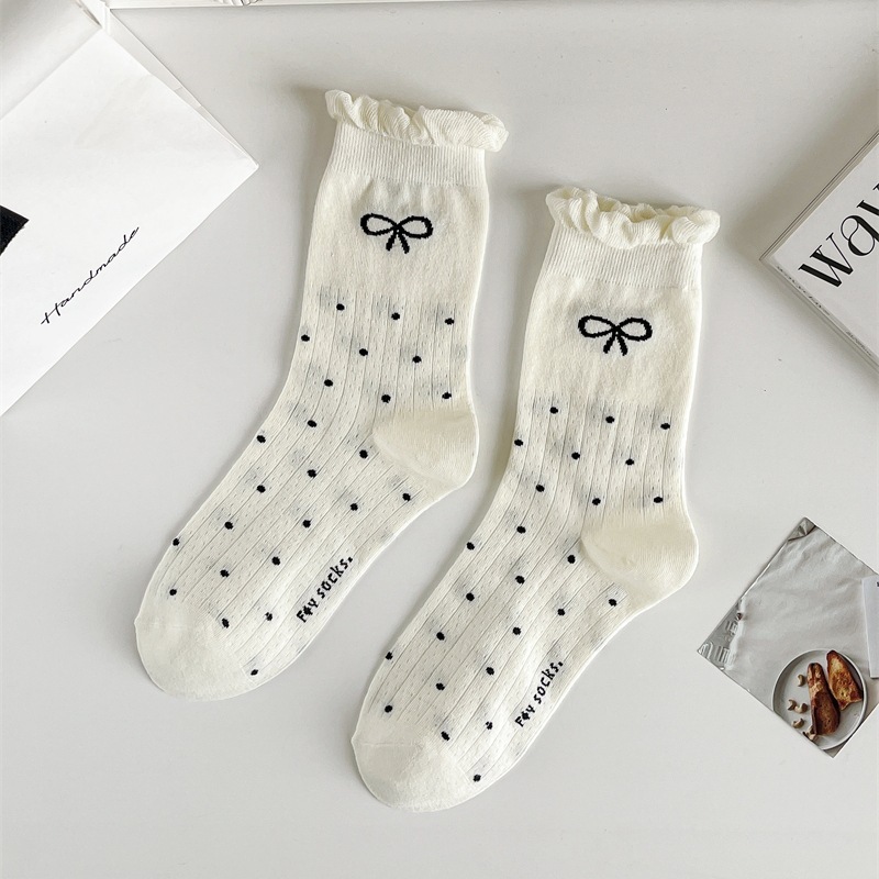 Three-dimensional Curling Polka Dot Bow Female Ballet Style Pure Cotton Mid-calf Length Socks - Image 7