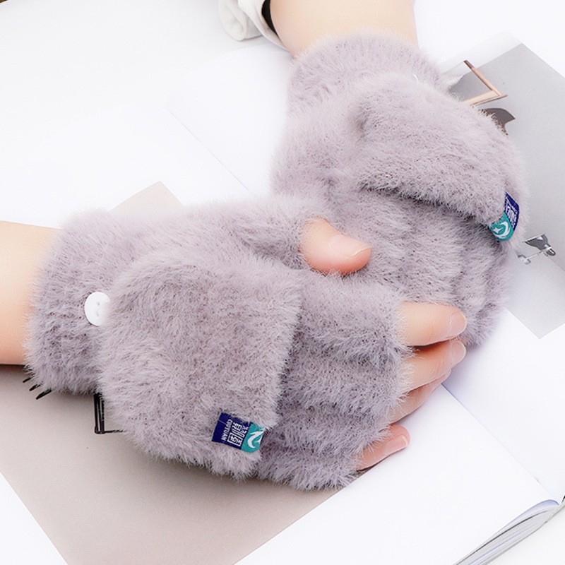 Plush Gloves Female Winter Warm Student Exposed Finger Flip Gloves Household - Image 2