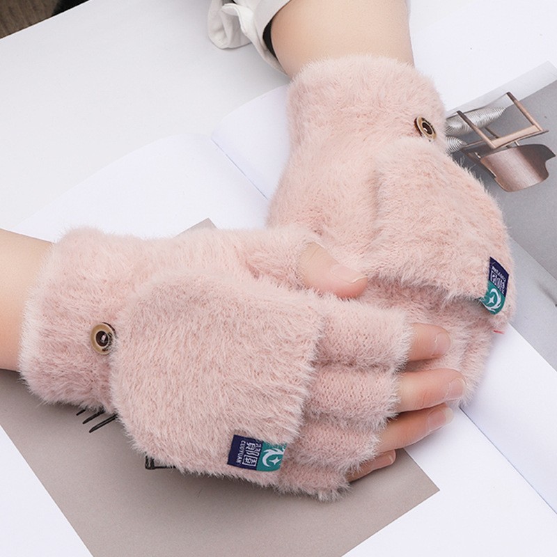 Plush Gloves Female Winter Warm Student Exposed Finger Flip Gloves Household - Image 3