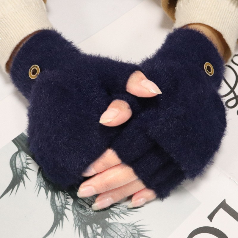 Plush Gloves Female Winter Warm Student Exposed Finger Flip Gloves Household - Image 4