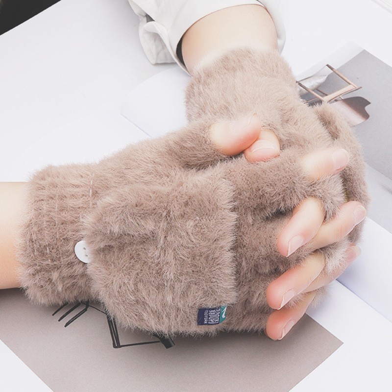 Plush Gloves Female Winter Warm Student Exposed Finger Flip Gloves Household - Image 5
