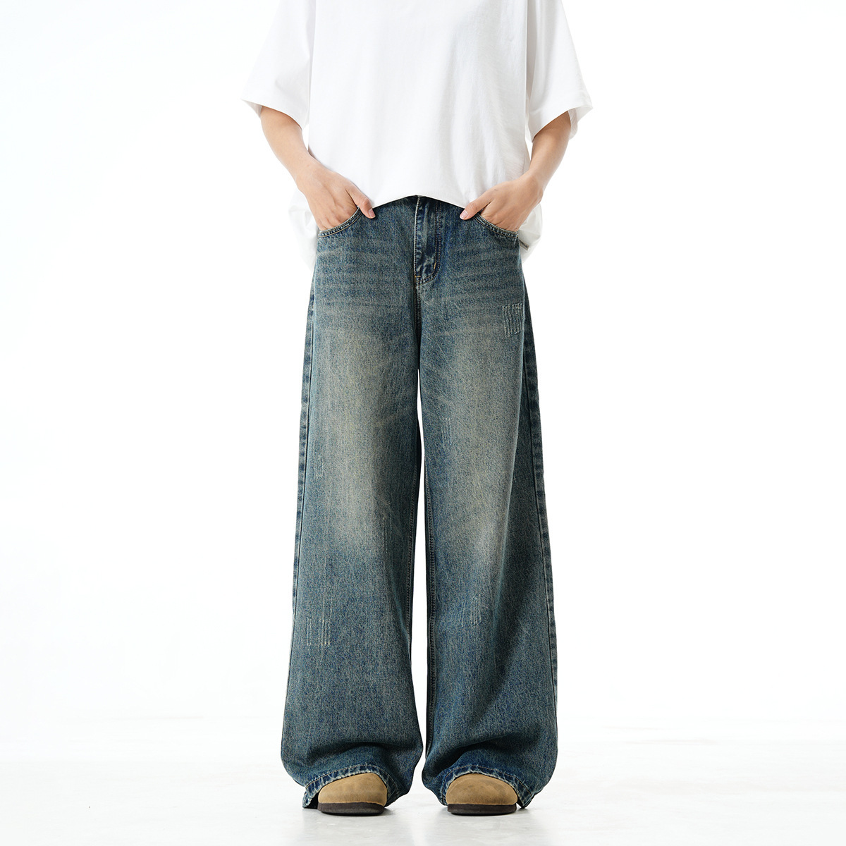Retro Washed Wide Leg Jeans Same Thick And Oblique Distressed