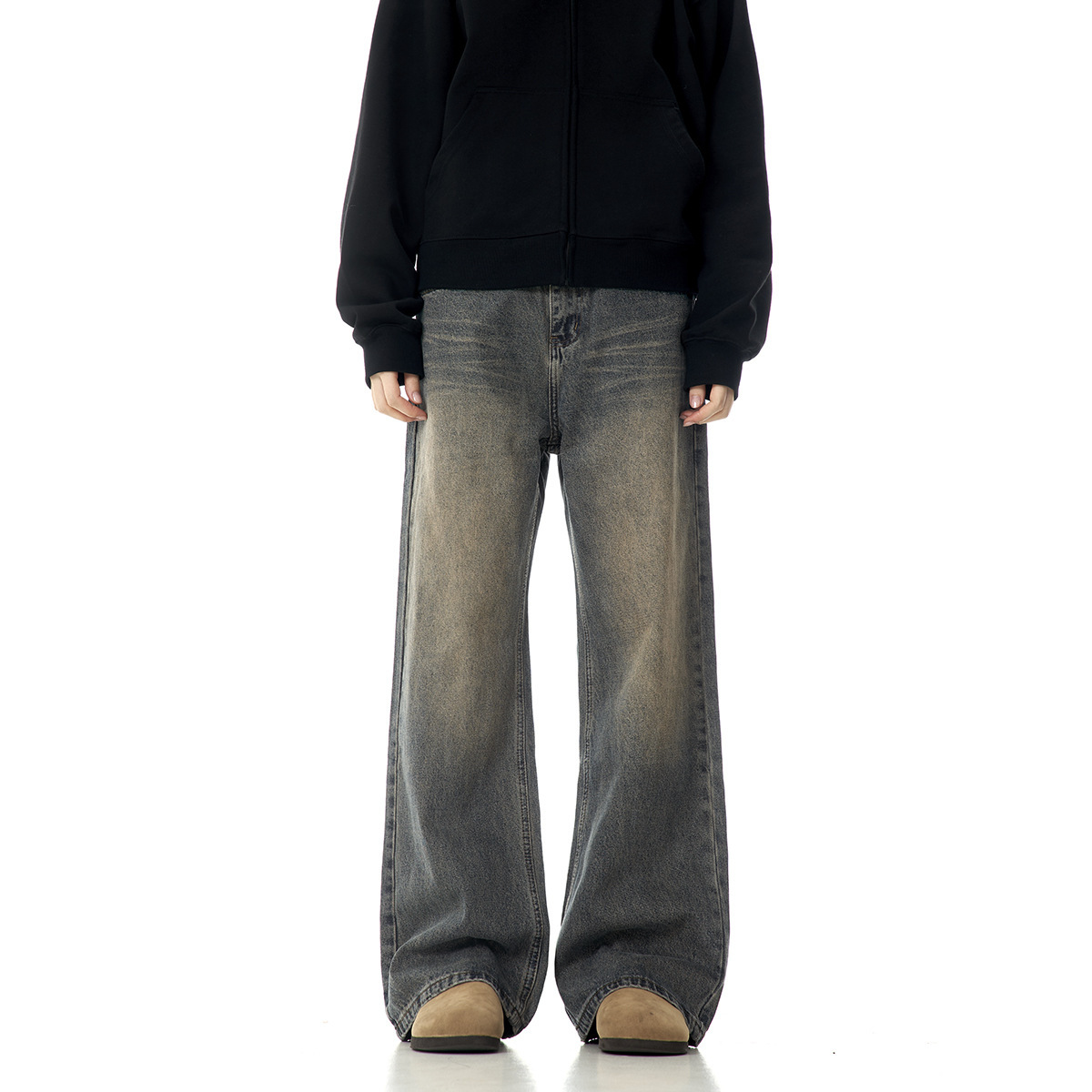 Retro Washed Wide Leg Jeans Same Thick And Oblique Distressed - Image 2