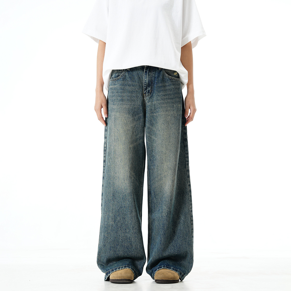 Retro Washed Wide Leg Jeans Same Thick And Oblique Distressed - Image 3