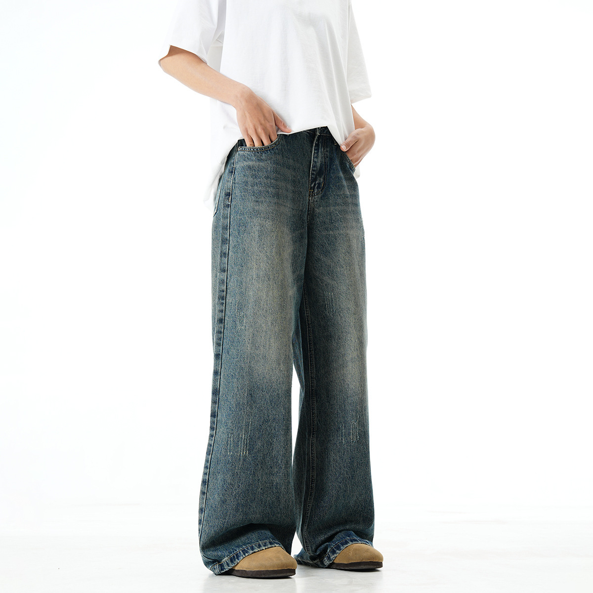 Retro Washed Wide Leg Jeans Same Thick And Oblique Distressed - Image 4