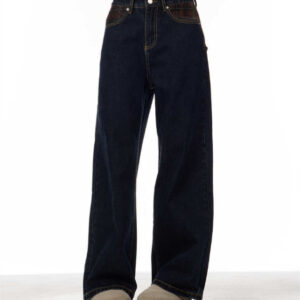 Retro Patchwork Plaid Blue Jeans For Women Loose Straight Trousers