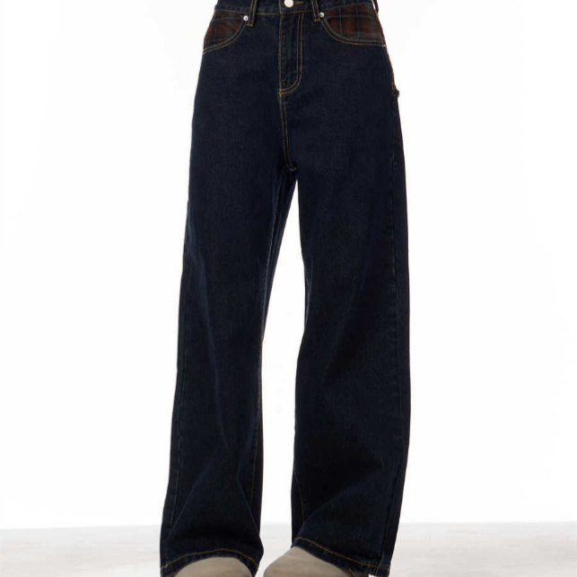 Retro Patchwork Plaid Blue Jeans For Women Loose Straight Trousers