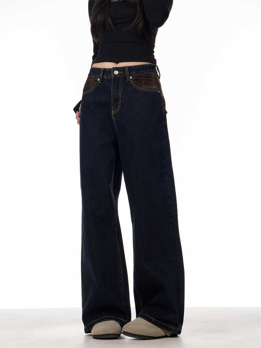 Retro Patchwork Plaid Blue Jeans For Women Loose Straight Trousers - Image 2