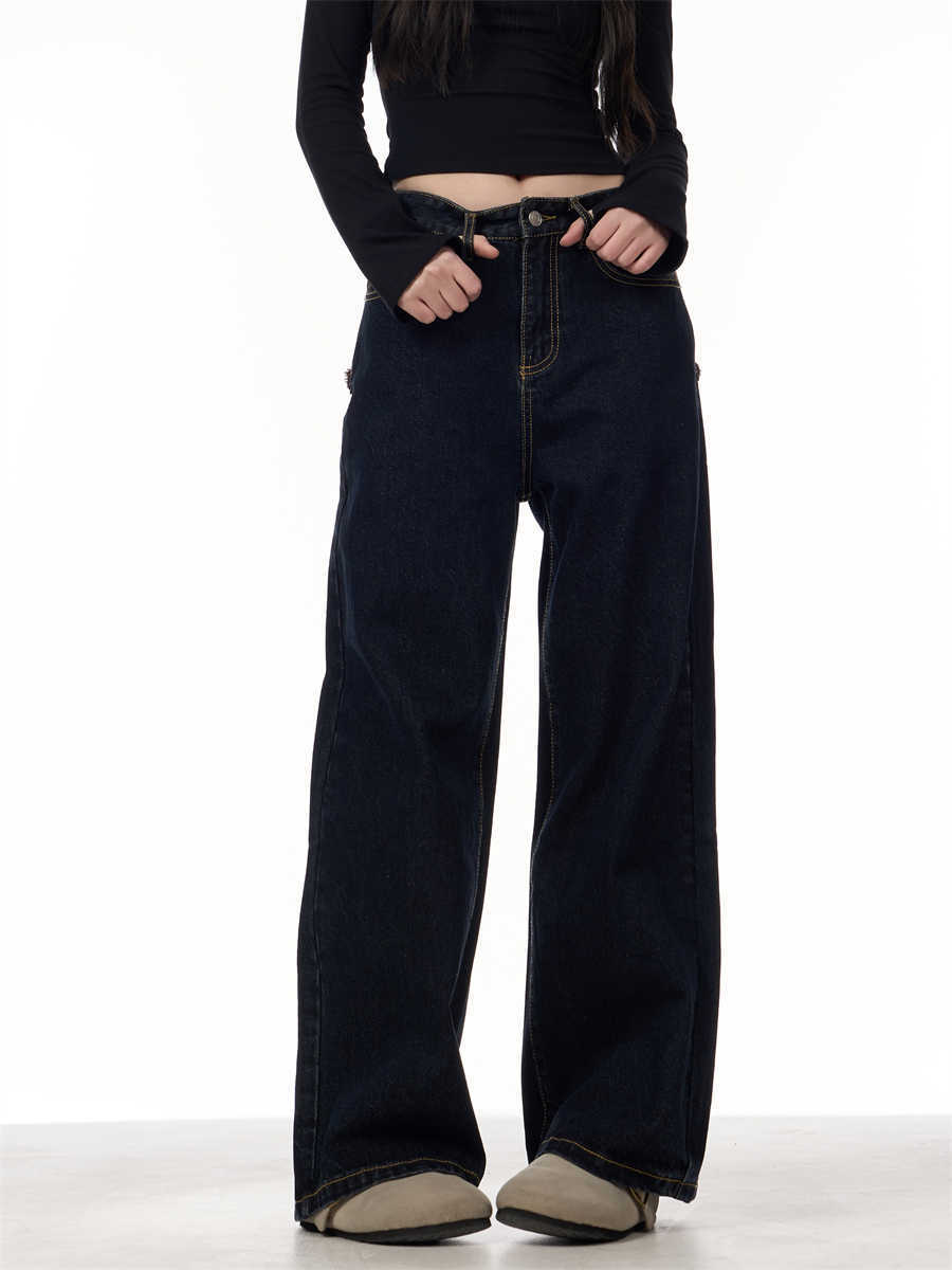 Retro Patchwork Plaid Blue Jeans For Women Loose Straight Trousers - Image 3