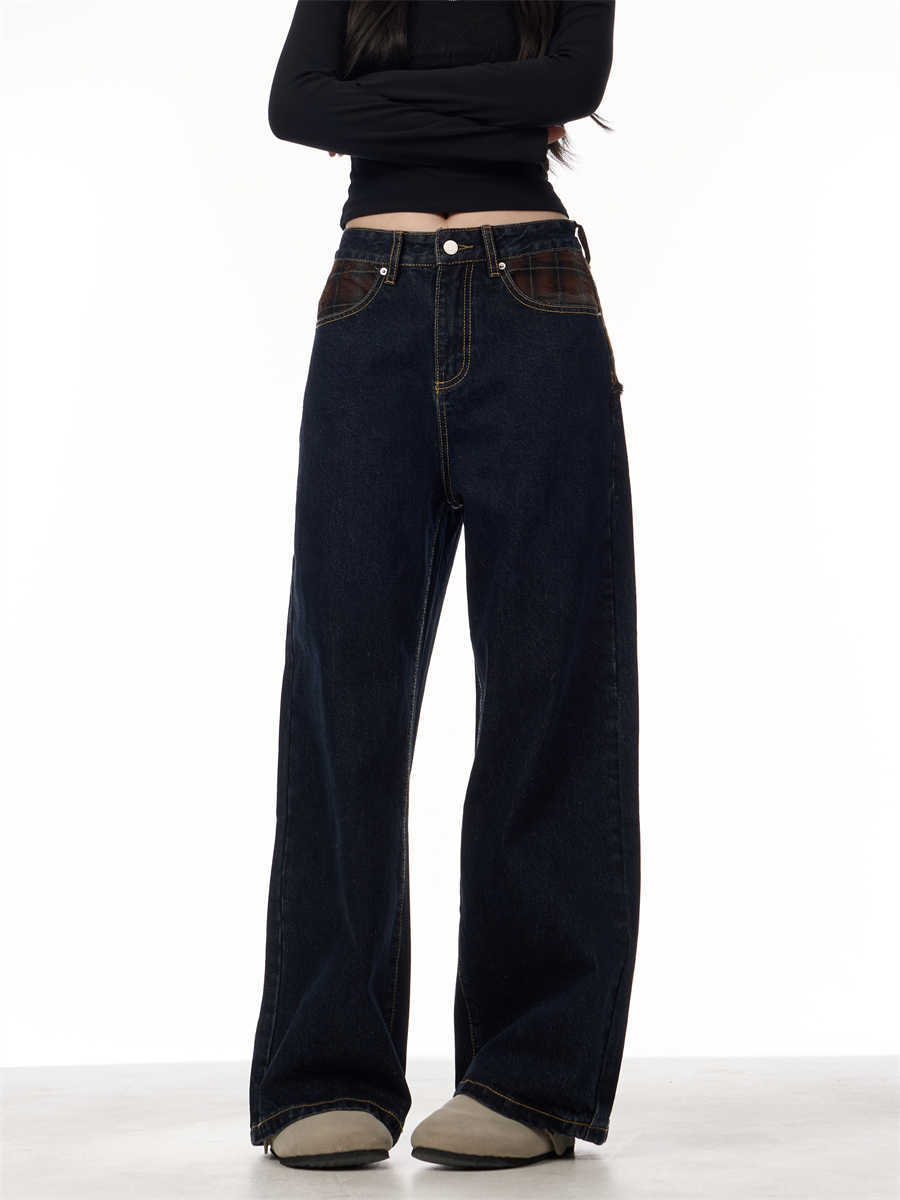 Retro Patchwork Plaid Blue Jeans For Women Loose Straight Trousers - Image 4