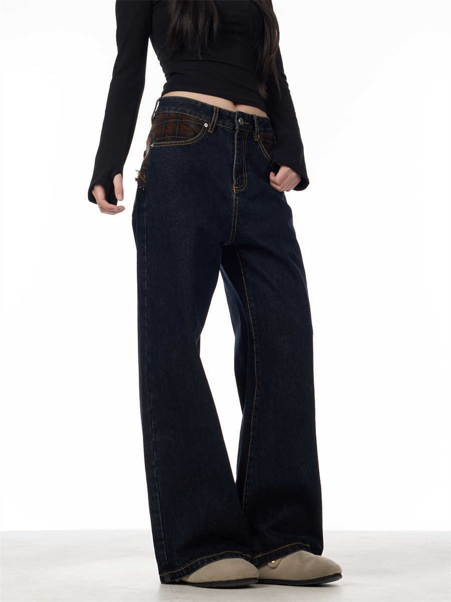 Retro Patchwork Plaid Blue Jeans For Women Loose Straight Trousers - Image 5