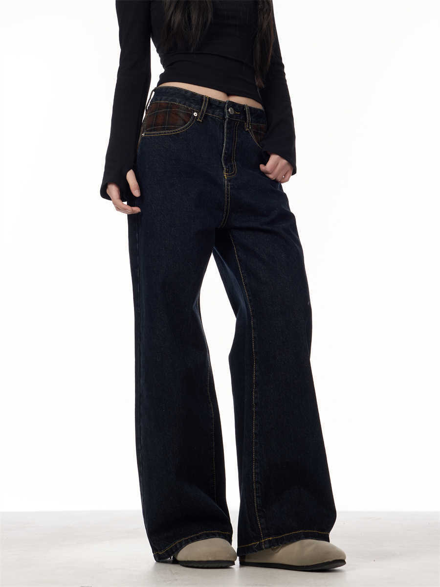 Retro Patchwork Plaid Blue Jeans For Women Loose Straight Trousers - Image 6