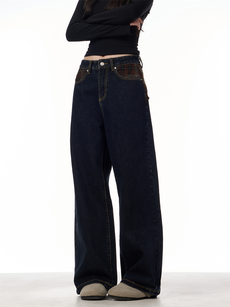 Retro Patchwork Plaid Blue Jeans For Women Loose Straight Trousers - Image 7