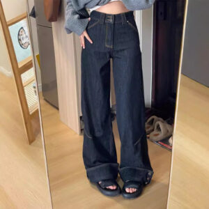 Retro High Street Denim Turn Over Button Straight Loose-fitting Mopping Pants Women