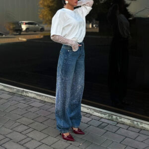 Starry Sky Rhinestone Denim Female Autumn Straight Pants