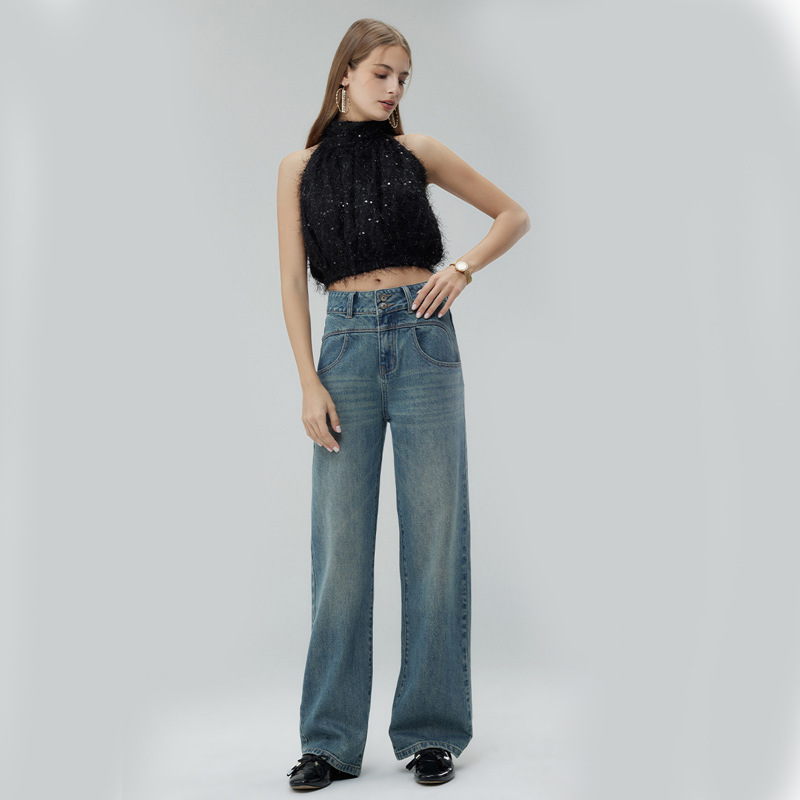 Retro Style High Waist Distressed Wide Leg Mop Pants Women - Image 6