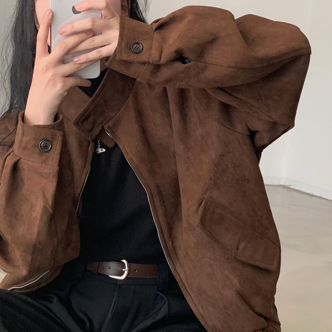 Autumn Winter Retro Warm Deerskin Velvet Double Zipper Coat Jacket - Image 3