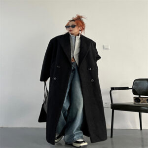 British Style Thick Black Loose Extended Velvet Woolen Coat