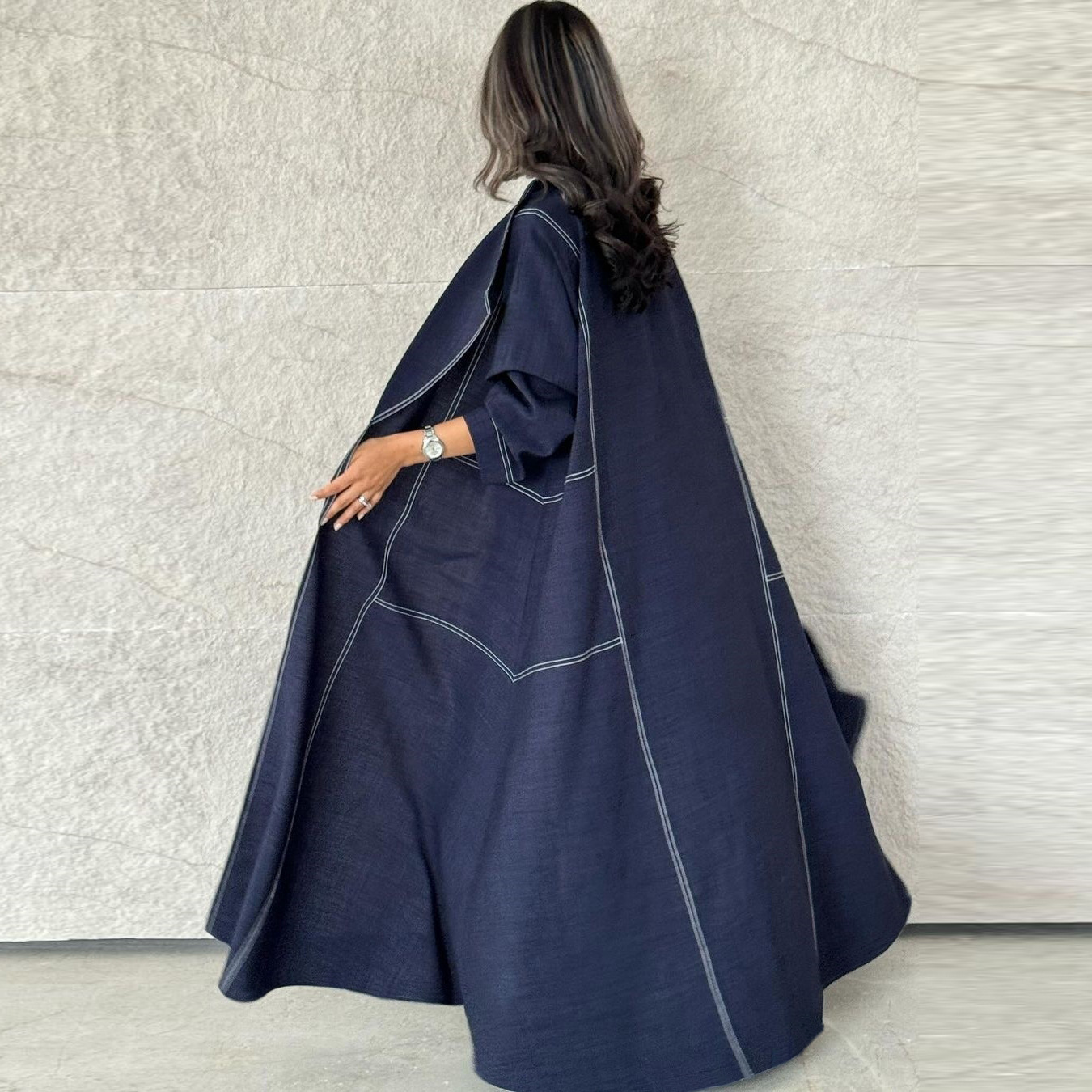 Loose Plus Size Slimming Contrast Color Open Line Denim Long Trench Coat - Image 2