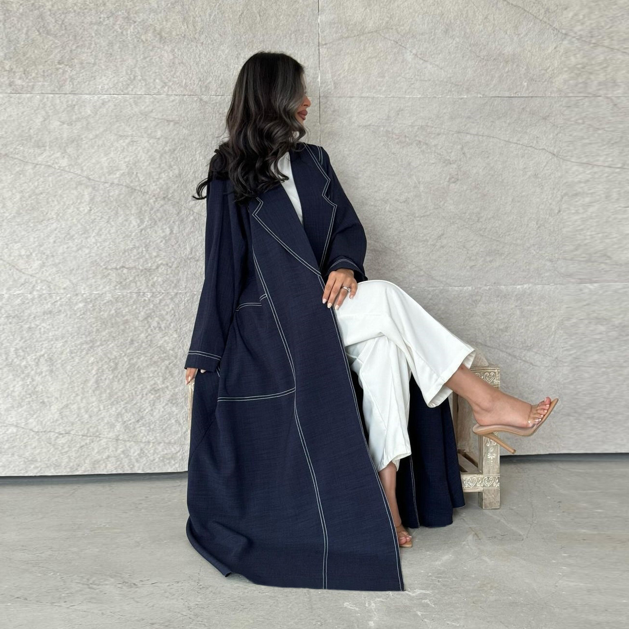 Loose Plus Size Slimming Contrast Color Open Line Denim Long Trench Coat - Image 3