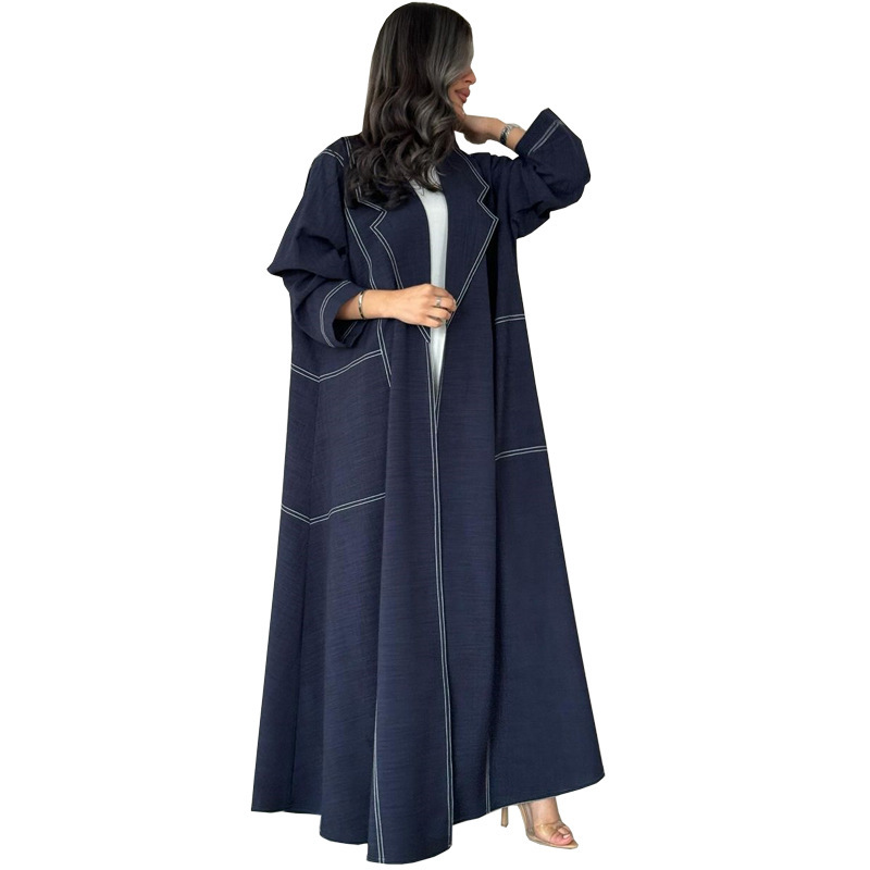 Loose Plus Size Slimming Contrast Color Open Line Denim Long Trench Coat - Image 5