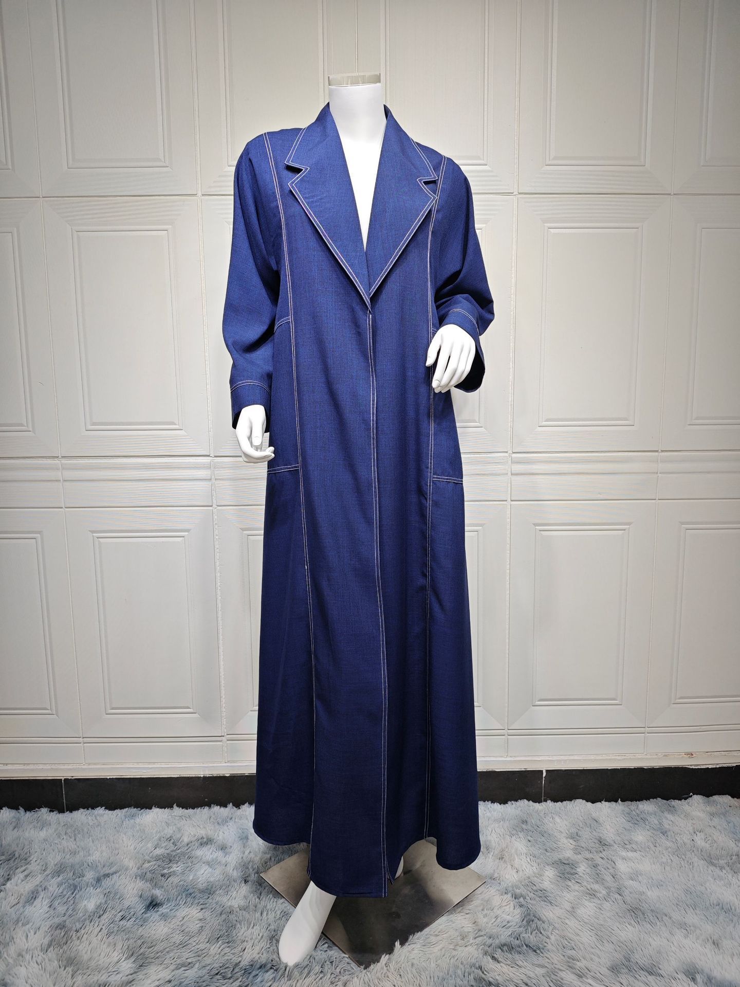 Loose Plus Size Slimming Contrast Color Open Line Denim Long Trench Coat - Image 6