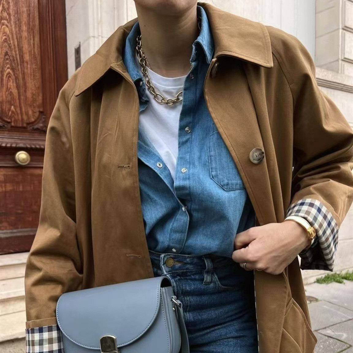 Polo Shirt Trench Coat For Women Khaki Single-breasted - Image 2