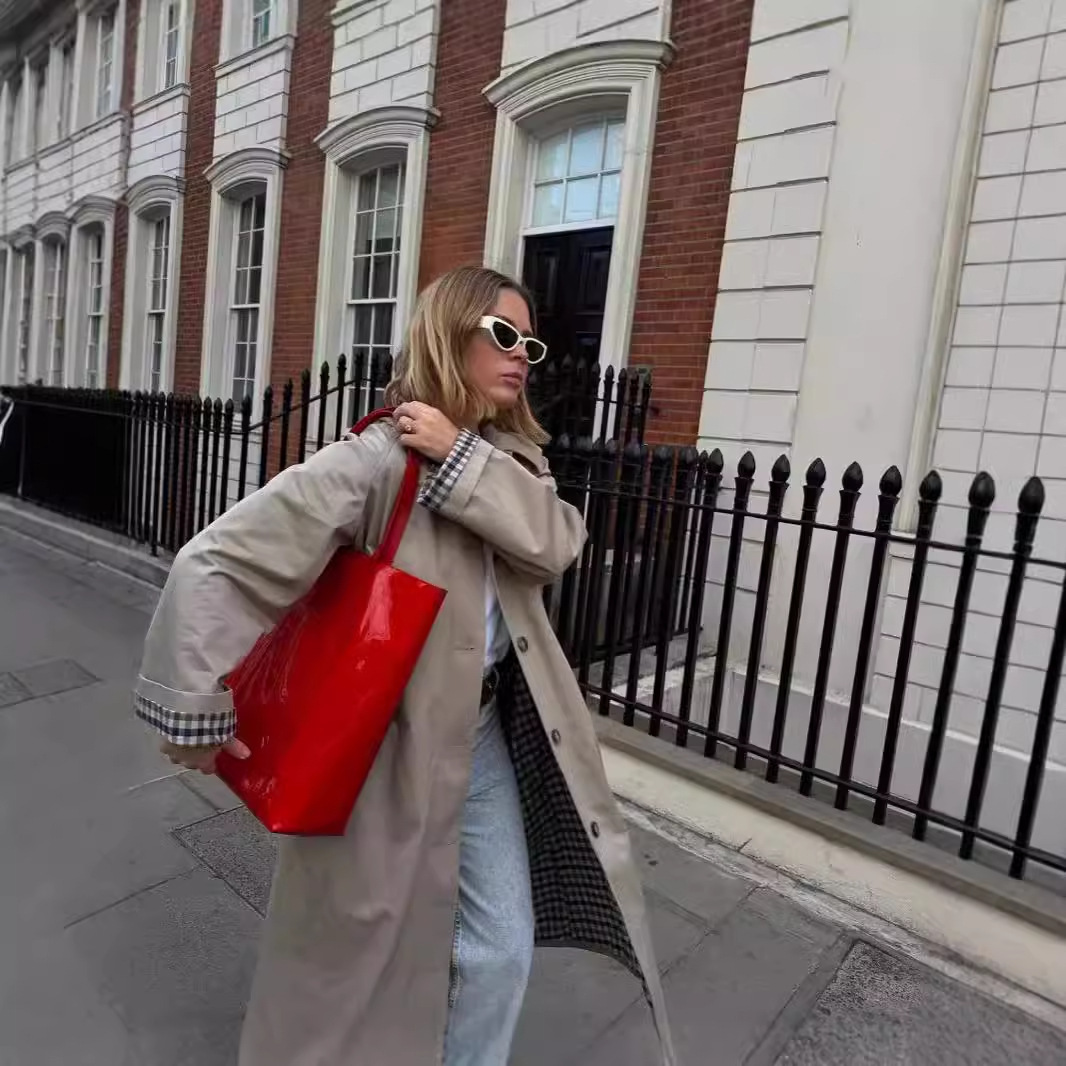 Polo Shirt Trench Coat For Women Khaki Single-breasted - Image 5