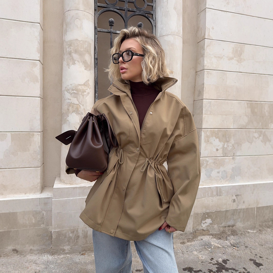 Stand-collar Mid-length Windbreaker Drawstring Waist Jacket - Image 4