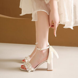 French Style Chunky Heel Sandals Bow Pearl High Heels Buckle Sandals