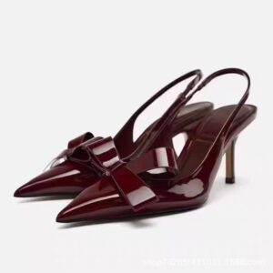 Patent Leather Women's Wine Red Bow Open-back High Heels