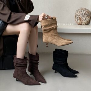 Women's Autumn Winter Pointed Toe High Heel Slimming Mid-Calf Boots