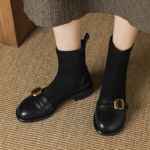 Casual Low Heel Martin Boots Belt Buckle Stitching Short Boots