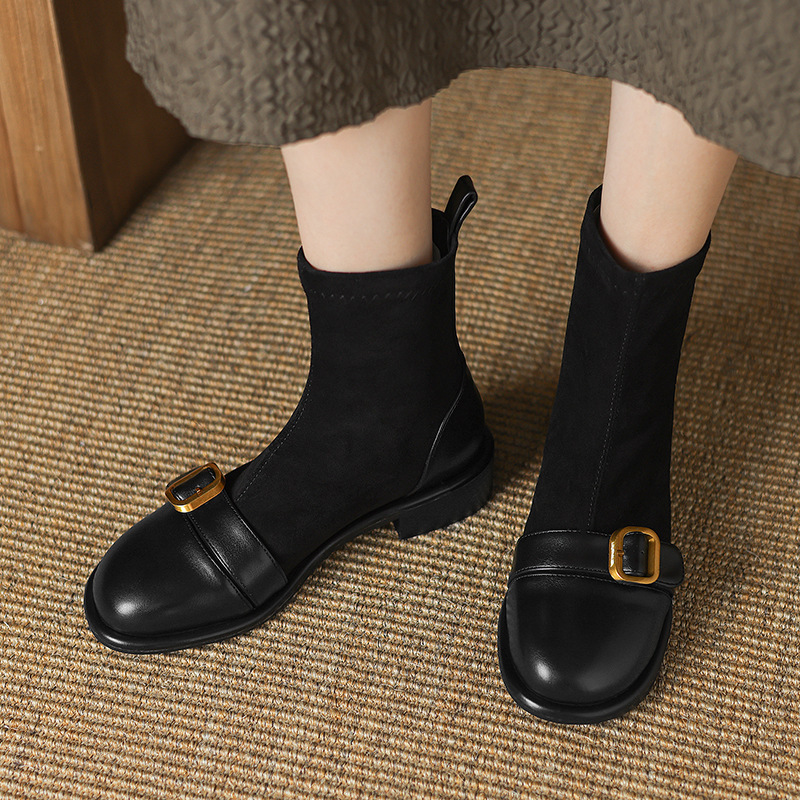 Casual Low Heel Martin Boots Belt Buckle Stitching Short Boots