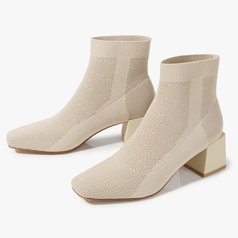 All-match Stretch Knitted High Heel Solid Color Chunky Heel Square Toe Booties Women