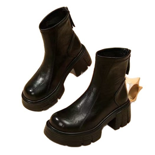 Women's New Fashionable Soft Leather Height-Enhancing British-Style Ankle Boots - Image 5