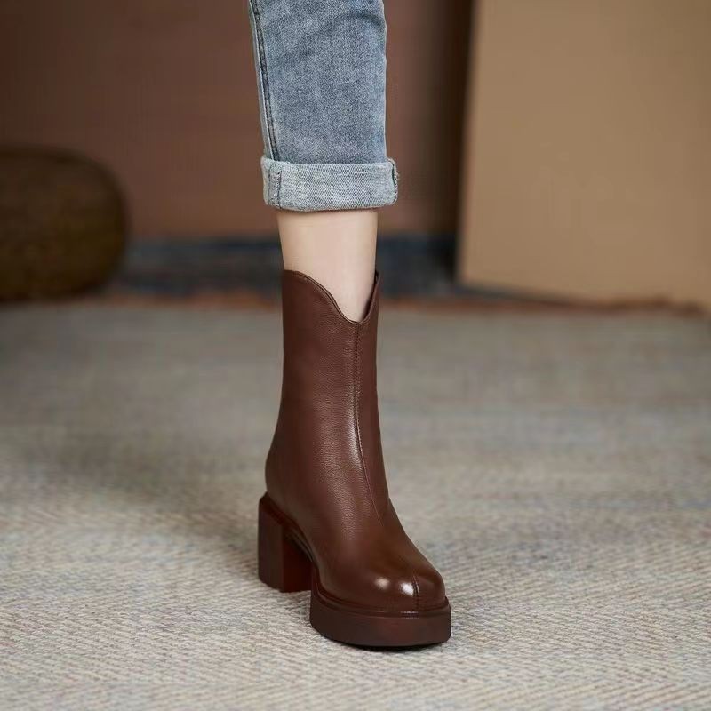Women's Autumn And Winter Thick Heel Real Soft Leather High-heeled Martin Boots - Image 8