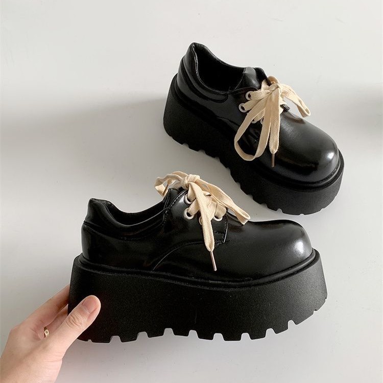 Retro British Matte Black Thick Sole Increased By Lace-up Leather Shoes