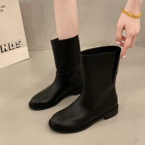 Women's Black Mid-calf Leather Boots, Platform Ankle Boots With Silver Stud Details, Classic Boots Suitable For Both Casual And Formal Wear