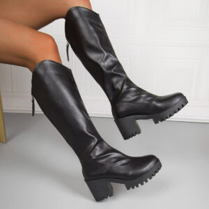 Thick High-heel Knee-high Boots V-neck Black Boots