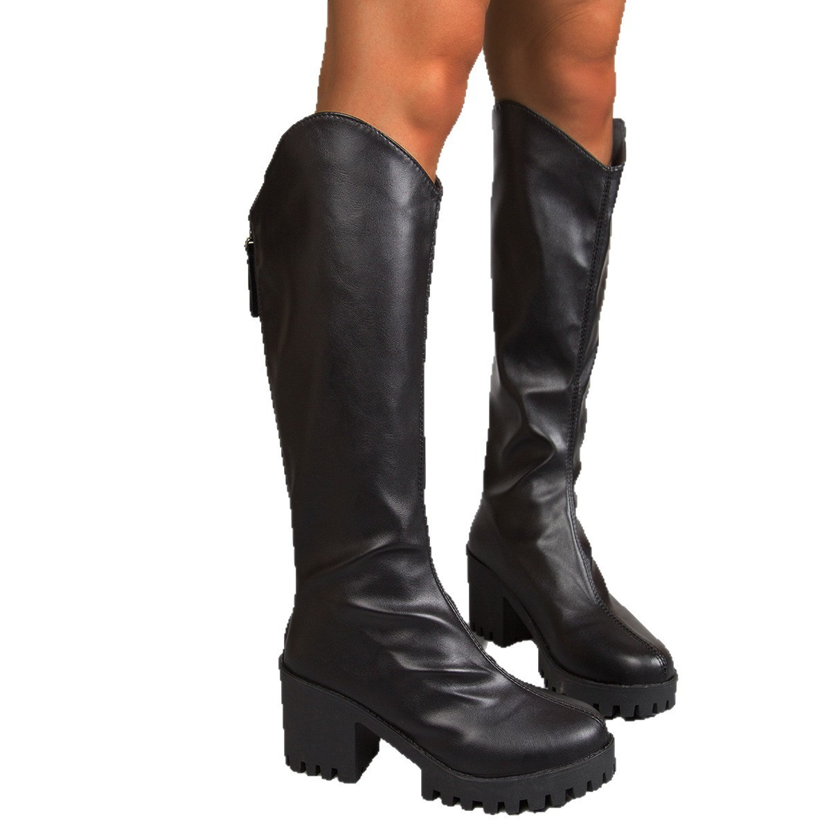 Thick High-heel Knee-high Boots V-neck Black Boots - Image 5