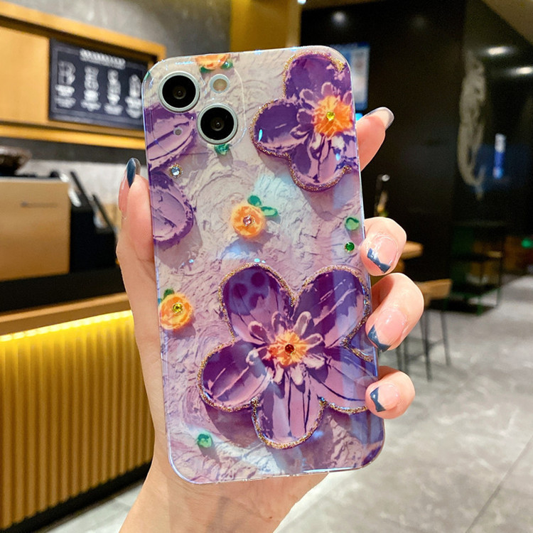 Mobile Phone Case Oil Painting Flower Blue Light Inlaid With Diamond Drop Glue Soft - Image 4