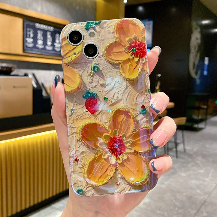 Mobile Phone Case Oil Painting Flower Blue Light Inlaid With Diamond Drop Glue Soft - Image 5