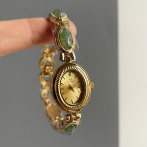 Women's Small Jade Oval Diamond Quartz Bracelet Watch