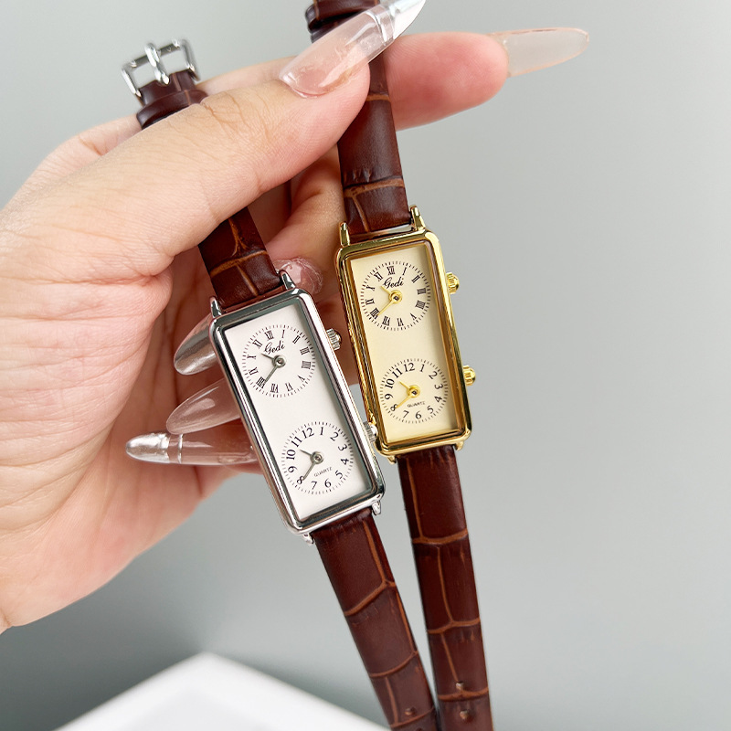 Creative Double Time Zone Business Niche Retro Rectangular High Sense Double Inserts Women's Quartz Watch - Image 2