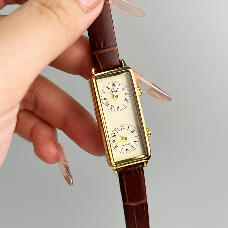 Creative Double Time Zone Business Niche Retro Rectangular High Sense Double Inserts Women's Quartz Watch - Image 3